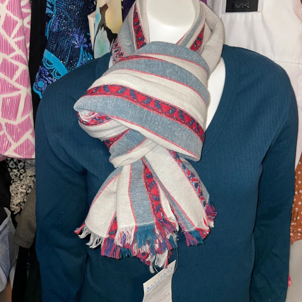 Alliance Merchandising Cotton Silk Striped Wrap Scarf Blue‎ Red Cream Fringe